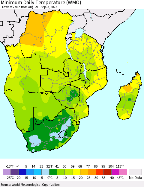 Southern Africa Minimum Daily Temperature (WMO) Thematic Map For 8/28/2023 - 9/3/2023