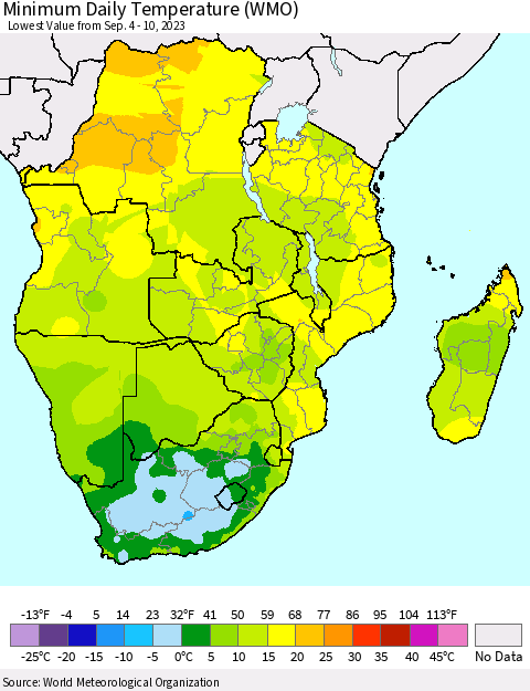 Southern Africa Minimum Daily Temperature (WMO) Thematic Map For 9/4/2023 - 9/10/2023