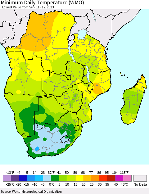 Southern Africa Minimum Daily Temperature (WMO) Thematic Map For 9/11/2023 - 9/17/2023