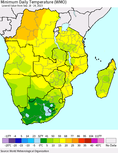 Southern Africa Minimum Daily Temperature (WMO) Thematic Map For 9/18/2023 - 9/24/2023