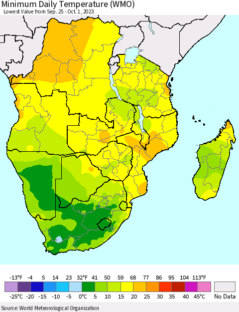 Southern Africa Minimum Daily Temperature (WMO) Thematic Map For 9/25/2023 - 10/1/2023