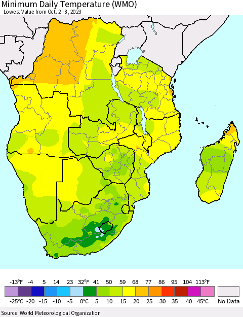 Southern Africa Minimum Daily Temperature (WMO) Thematic Map For 10/2/2023 - 10/8/2023