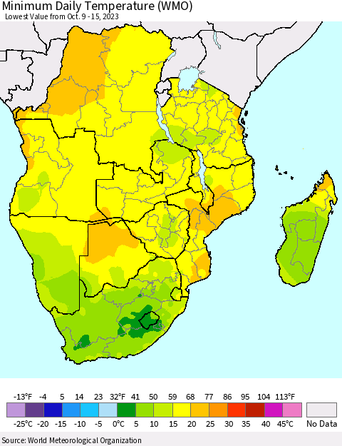 Southern Africa Minimum Daily Temperature (WMO) Thematic Map For 10/9/2023 - 10/15/2023