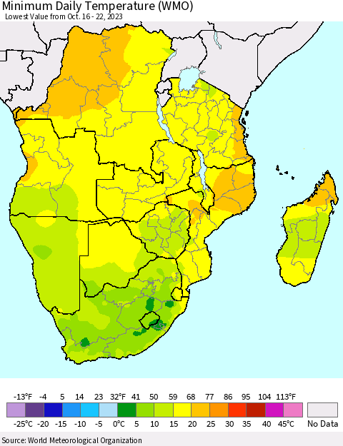 Southern Africa Minimum Daily Temperature (WMO) Thematic Map For 10/16/2023 - 10/22/2023