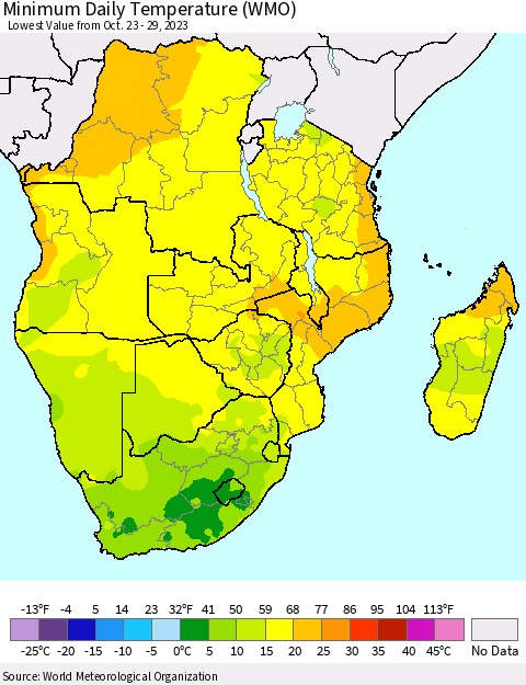 Southern Africa Minimum Daily Temperature (WMO) Thematic Map For 10/23/2023 - 10/29/2023