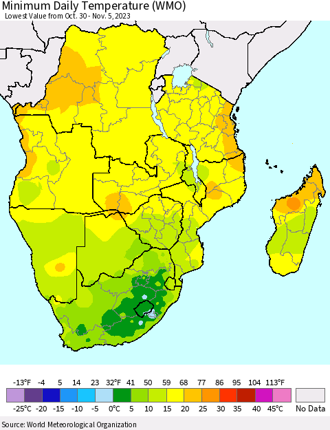 Southern Africa Minimum Daily Temperature (WMO) Thematic Map For 10/30/2023 - 11/5/2023