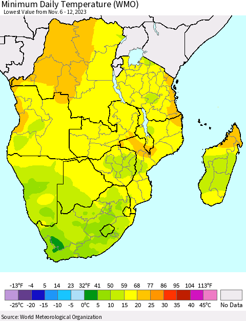 Southern Africa Minimum Daily Temperature (WMO) Thematic Map For 11/6/2023 - 11/12/2023