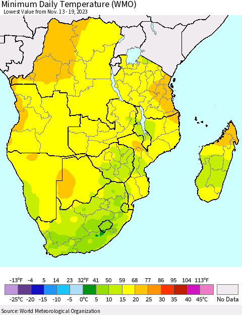 Southern Africa Minimum Daily Temperature (WMO) Thematic Map For 11/13/2023 - 11/19/2023