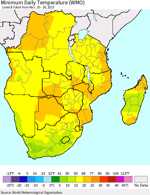 Southern Africa Minimum Daily Temperature (WMO) Thematic Map For 11/20/2023 - 11/26/2023