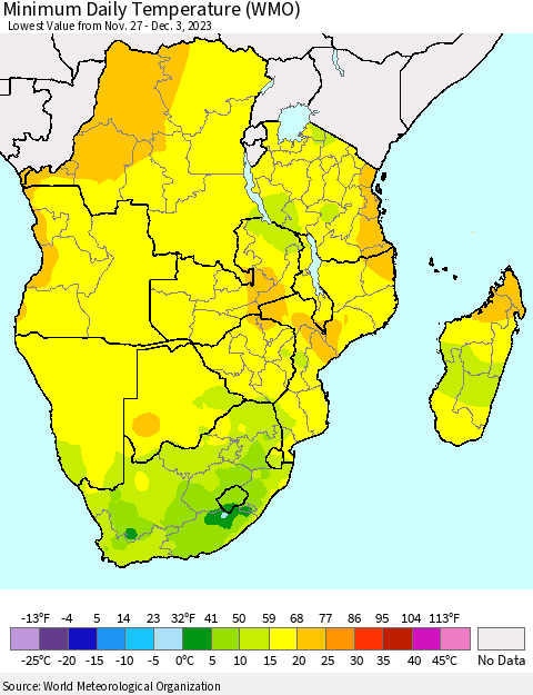 Southern Africa Minimum Daily Temperature (WMO) Thematic Map For 11/27/2023 - 12/3/2023