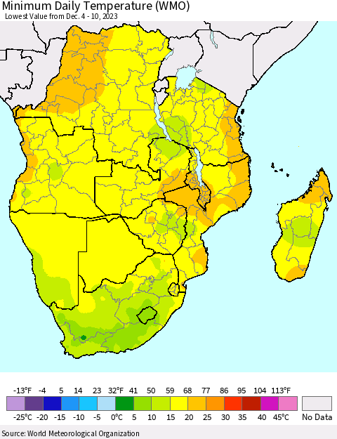 Southern Africa Minimum Daily Temperature (WMO) Thematic Map For 12/4/2023 - 12/10/2023