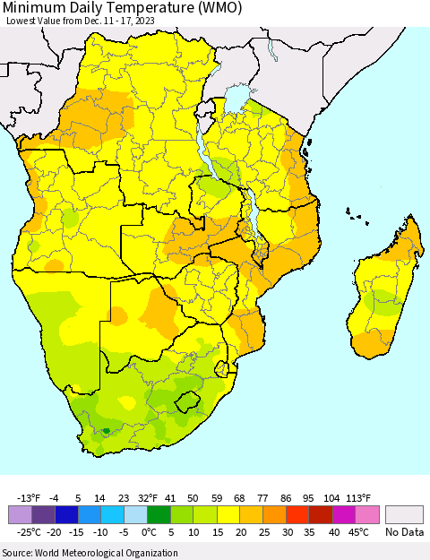 Southern Africa Minimum Daily Temperature (WMO) Thematic Map For 12/11/2023 - 12/17/2023