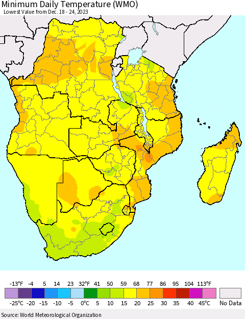 Southern Africa Minimum Daily Temperature (WMO) Thematic Map For 12/18/2023 - 12/24/2023