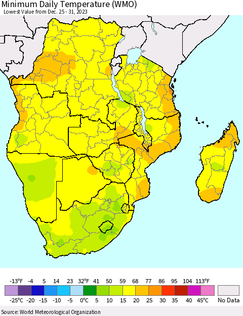 Southern Africa Minimum Daily Temperature (WMO) Thematic Map For 12/25/2023 - 12/31/2023