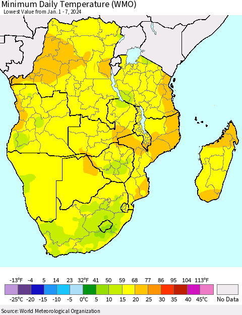 Southern Africa Minimum Daily Temperature (WMO) Thematic Map For 1/1/2024 - 1/7/2024