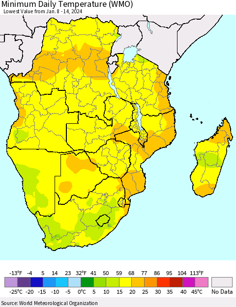Southern Africa Minimum Daily Temperature (WMO) Thematic Map For 1/8/2024 - 1/14/2024