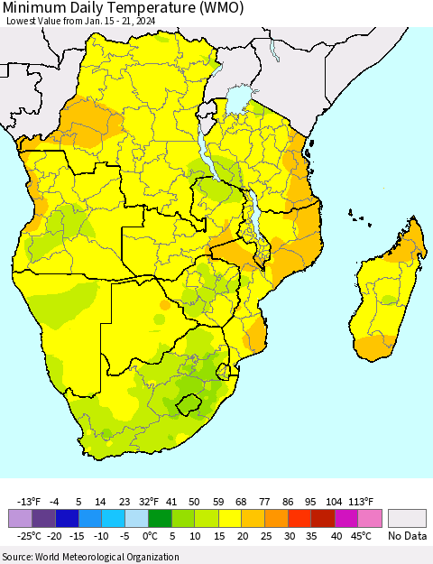 Southern Africa Minimum Daily Temperature (WMO) Thematic Map For 1/15/2024 - 1/21/2024