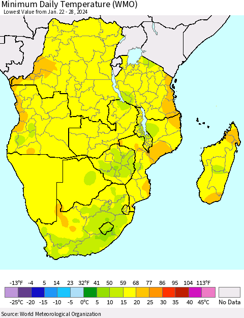Southern Africa Minimum Daily Temperature (WMO) Thematic Map For 1/22/2024 - 1/28/2024