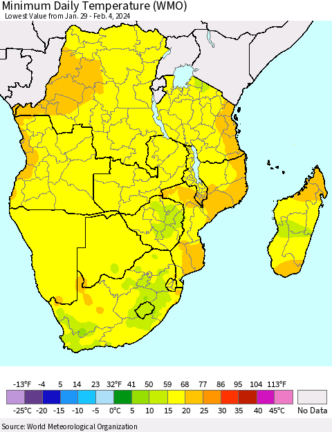Southern Africa Minimum Daily Temperature (WMO) Thematic Map For 1/29/2024 - 2/4/2024