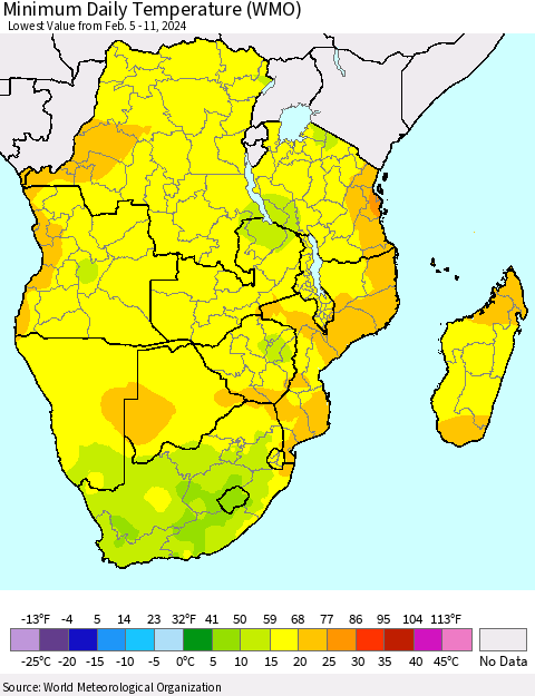 Southern Africa Minimum Daily Temperature (WMO) Thematic Map For 2/5/2024 - 2/11/2024