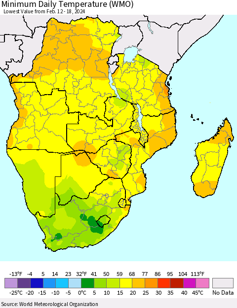 Southern Africa Minimum Daily Temperature (WMO) Thematic Map For 2/12/2024 - 2/18/2024