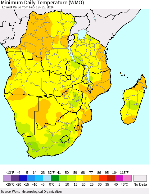 Southern Africa Minimum Daily Temperature (WMO) Thematic Map For 2/19/2024 - 2/25/2024
