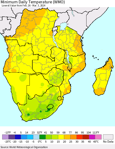 Southern Africa Minimum Daily Temperature (WMO) Thematic Map For 2/26/2024 - 3/3/2024