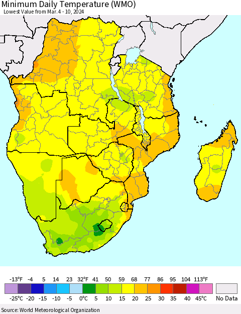 Southern Africa Minimum Daily Temperature (WMO) Thematic Map For 3/4/2024 - 3/10/2024