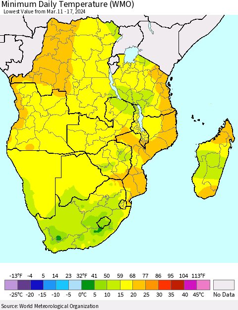 Southern Africa Minimum Daily Temperature (WMO) Thematic Map For 3/11/2024 - 3/17/2024