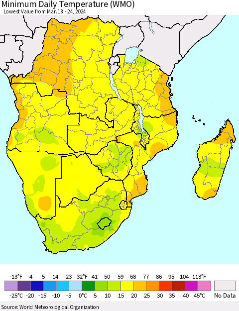 Southern Africa Minimum Daily Temperature (WMO) Thematic Map For 3/18/2024 - 3/24/2024