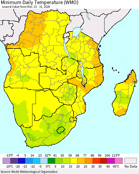 Southern Africa Minimum Daily Temperature (WMO) Thematic Map For 3/25/2024 - 3/31/2024