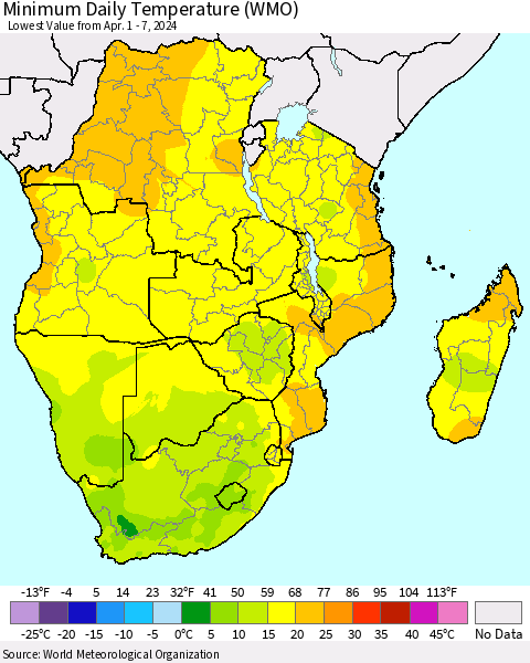 Southern Africa Minimum Daily Temperature (WMO) Thematic Map For 4/1/2024 - 4/7/2024