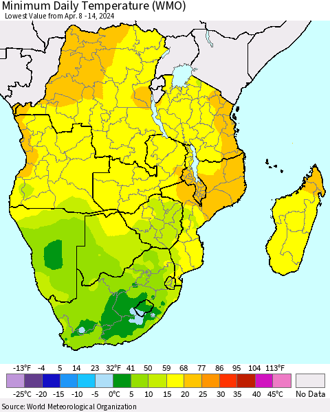 Southern Africa Minimum Daily Temperature (WMO) Thematic Map For 4/8/2024 - 4/14/2024
