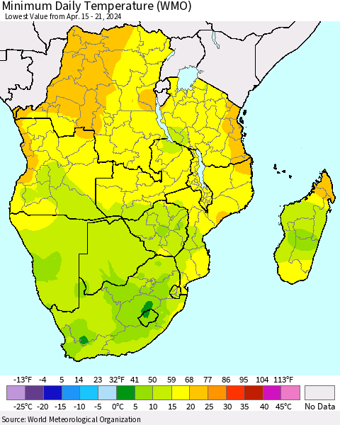 Southern Africa Minimum Daily Temperature (WMO) Thematic Map For 4/15/2024 - 4/21/2024