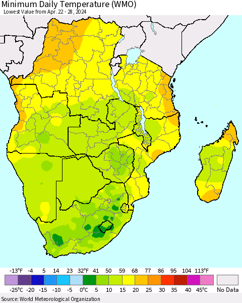 Southern Africa Minimum Daily Temperature (WMO) Thematic Map For 4/22/2024 - 4/28/2024