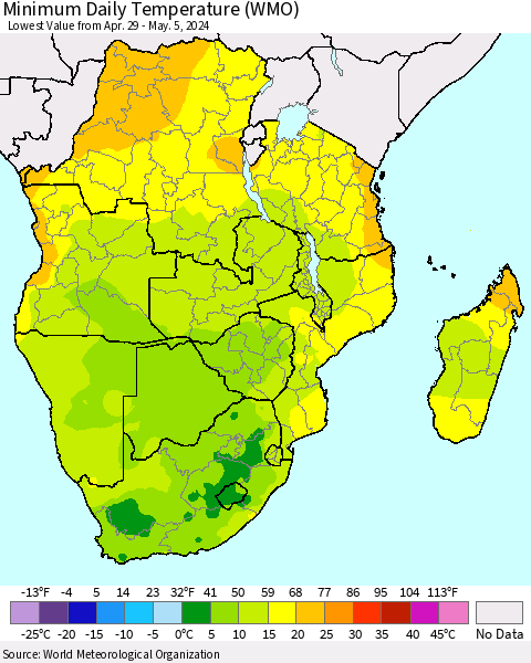 Southern Africa Minimum Daily Temperature (WMO) Thematic Map For 4/29/2024 - 5/5/2024