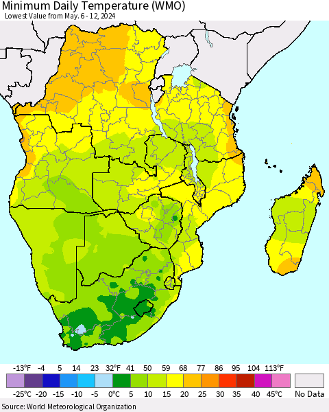 Southern Africa Minimum Daily Temperature (WMO) Thematic Map For 5/6/2024 - 5/12/2024