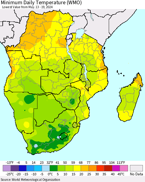 Southern Africa Minimum Daily Temperature (WMO) Thematic Map For 5/13/2024 - 5/19/2024