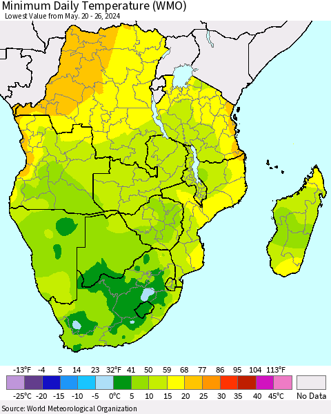 Southern Africa Minimum Daily Temperature (WMO) Thematic Map For 5/20/2024 - 5/26/2024