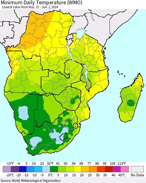 Southern Africa Minimum Daily Temperature (WMO) Thematic Map For 5/27/2024 - 6/2/2024