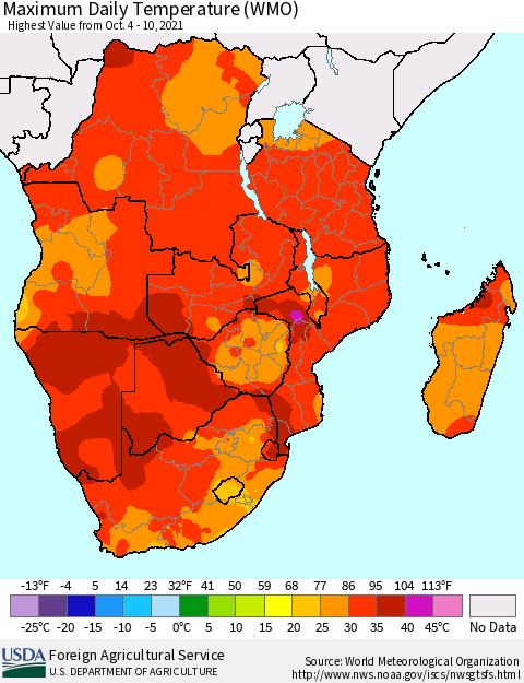 Southern Africa Maximum Daily Temperature (WMO) Thematic Map For 10/4/2021 - 10/10/2021