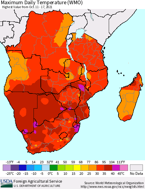 Southern Africa Maximum Daily Temperature (WMO) Thematic Map For 10/11/2021 - 10/17/2021