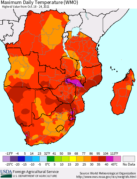 Southern Africa Maximum Daily Temperature (WMO) Thematic Map For 10/18/2021 - 10/24/2021