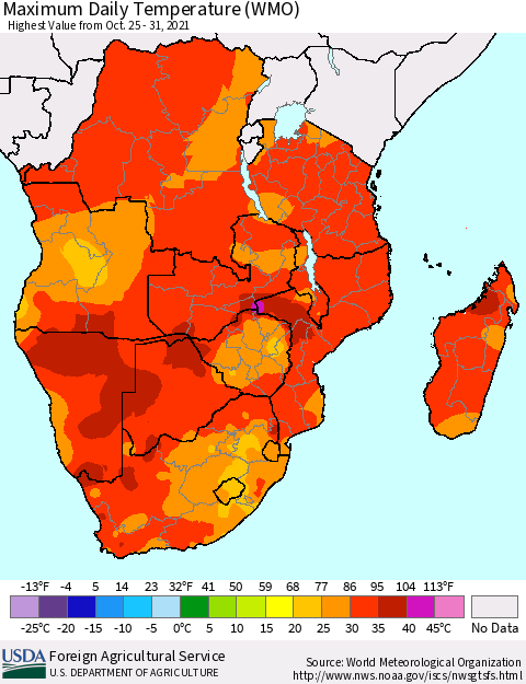 Southern Africa Maximum Daily Temperature (WMO) Thematic Map For 10/25/2021 - 10/31/2021