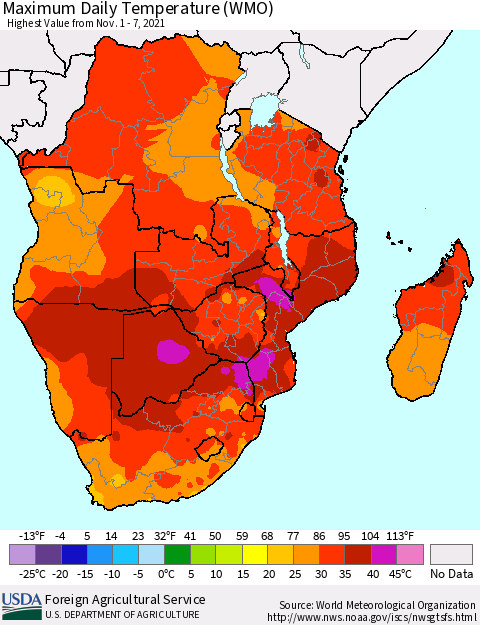 Southern Africa Maximum Daily Temperature (WMO) Thematic Map For 11/1/2021 - 11/7/2021
