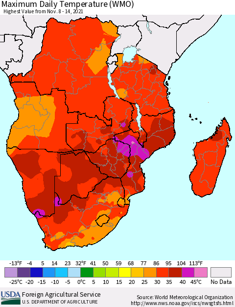 Southern Africa Maximum Daily Temperature (WMO) Thematic Map For 11/8/2021 - 11/14/2021