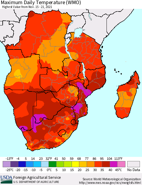 Southern Africa Maximum Daily Temperature (WMO) Thematic Map For 11/15/2021 - 11/21/2021