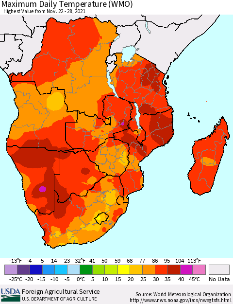 Southern Africa Maximum Daily Temperature (WMO) Thematic Map For 11/22/2021 - 11/28/2021