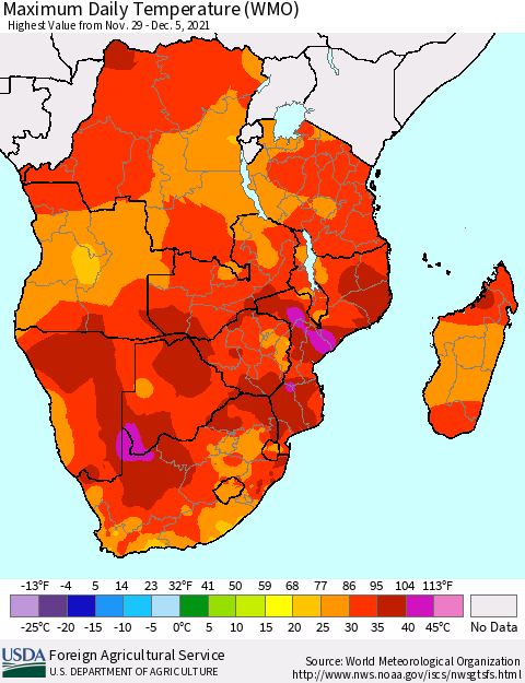Southern Africa Maximum Daily Temperature (WMO) Thematic Map For 11/29/2021 - 12/5/2021