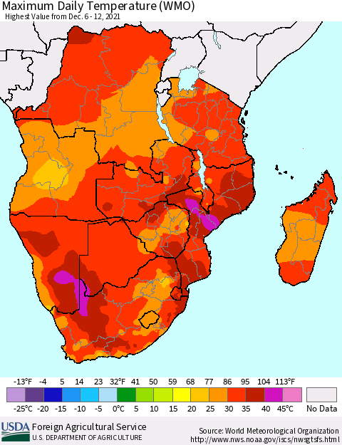 Southern Africa Maximum Daily Temperature (WMO) Thematic Map For 12/6/2021 - 12/12/2021